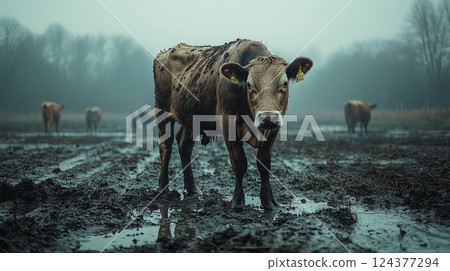 Cow standing in pen on farm during foot-and-mouth disease outbreak. created with Generative AI technology. 124377294