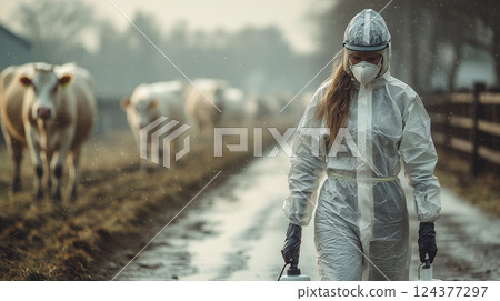 Veterinarian in protective suit during foot-and-mouth disease outbreak. created with Generative AI technology. 124377297