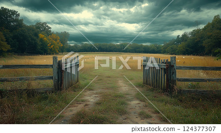 Entrance to a farm affected by a foot-and-mouth disease outbreak. Created with Generative AI technology. 124377307