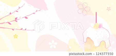 Spring Easter Cake Pastel Banner. Floral Branches and Delicate Holiday Decor with Classic Kulich 124377350
