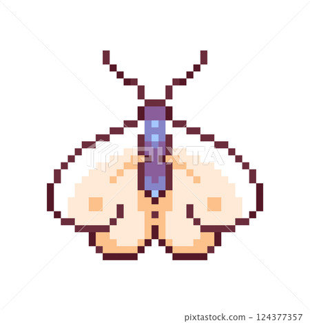Pixel art moth 8 bit winged insect icon for retro game design. Game asset moth for video game on white background. Pixel game asset.  124377357