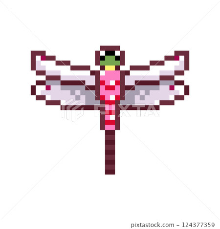 Pixel art dragonfly 8 bit winged insect icon for retro game design. Game asset dragonfly for video game on white background. Pixel game asset.  124377359