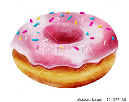 Colorful watercolor donut design with sprinkles on a white background 124377486