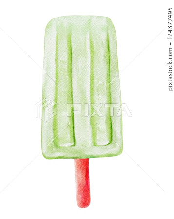 Fresh green ice cream popsicle in watercolor style on white background 124377495