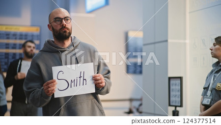 Transportation Service in Airport: Airport Greeter Holding Greeting Sign, Waiting for Passengers Transportation Service in Airport: Airport Greeter Holding Greeting Sign, Waiting for Passengers 124377514