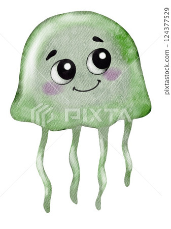 Cheerful green jellyfish illustration in watercolor style for fabric and wallpaper design 124377529