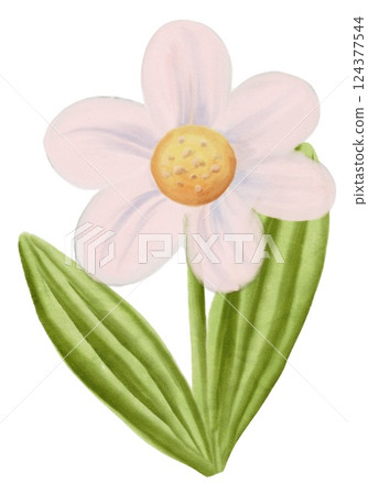 Bright watercolor daisies and tulips with a flowerpot and watering can create a vibrant scene 124377544