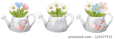 Colorful watercolor flowerpots with daisies and tulips in a seamless pattern design 124377553
