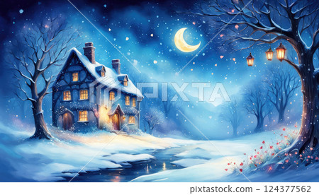 Winter night landscape. House with glowing windows. Winter time, warm atmosphere, bokeh, selective focus Winter night landscape. House with glowing windows. Winter time, warm atmosphere, bokeh, selective focus 124377562