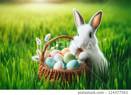 Fluffy white rabbit with basket of Easter eggs on spring meadow with green grass and flowers 124377563