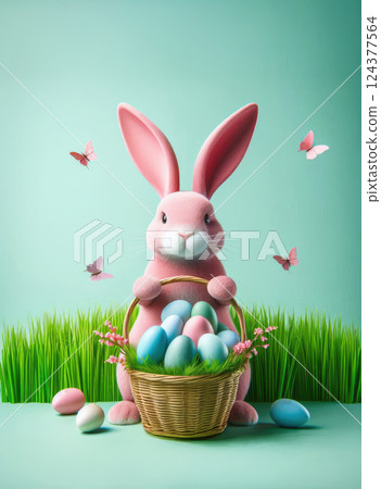Fluffy pink rabbit with basket of Easter eggs on spring meadow with green grass and flowers 124377564