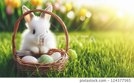 Fluffy white rabbit with basket of Easter eggs on spring meadow with green grass and flowers 124377565
