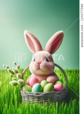 Fluffy pink rabbit with basket of Easter eggs on spring meadow with green grass and flowers Fluffy pink rabbit with basket of Easter eggs on spring meadow with green grass and flowers 124377566