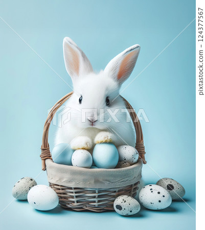 Fluffy white rabbit with basket of Easter eggs on blue background 124377567