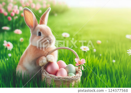 Fluffy white rabbit with basket of Easter eggs on spring meadow with green grass and flowers 124377568