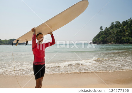 Handsome man surfer carrying surf and comes back from surfing. Outdoors. Sri Lanka. Tropical coastline. Handsome man surfer carrying surf and comes back from surfing. Outdoors. Sri Lanka. Tropical coastline. 124377596