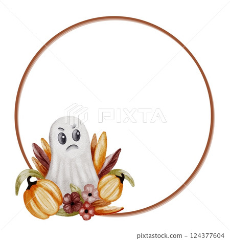 Halloween-themed watercolor pattern featuring a bat, spirit, and decorative elements for textiles Halloween-themed watercolor pattern featuring a bat, spirit, and decorative elements for textiles 124377604