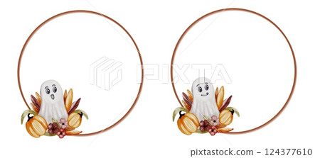 Cute ghost surrounded by autumn leaves and pumpkins for Halloween festive design Cute ghost surrounded by autumn leaves and pumpkins for Halloween festive design 124377610