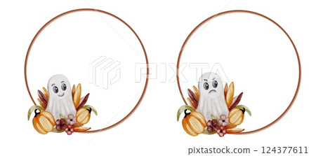Colorful ghost designs featuring pumpkins and autumn leaves perfect for Halloween decorations 124377611