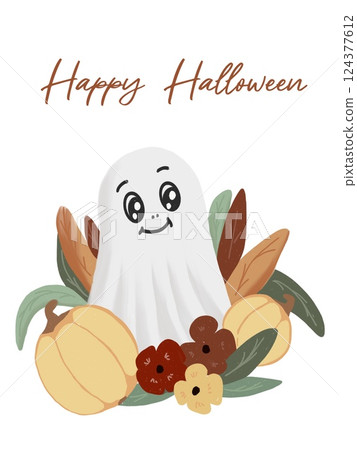 Happy Halloween with a cheerful ghost and autumn elements in a festive design 124377612