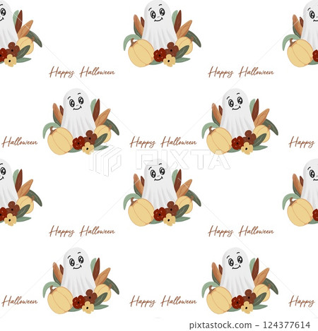 Halloween spirit themed pattern featuring cheerful ghosts surrounded by pumpkins and flowers 124377614
