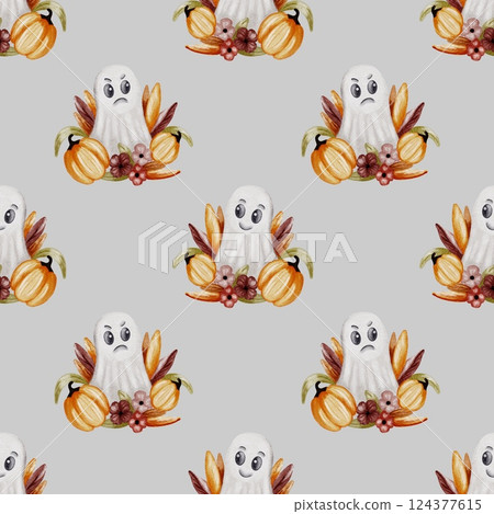 Colorful Halloween bat and spirit watercolor pattern for festive wrapping and textile designs 124377615