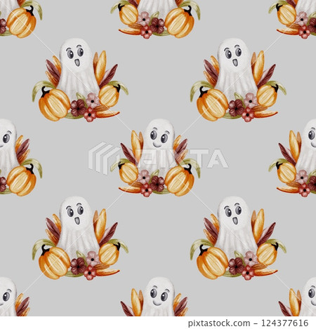 Celebrate Halloween with whimsical bats and playful spirits in a seamless watercolor pattern 124377616
