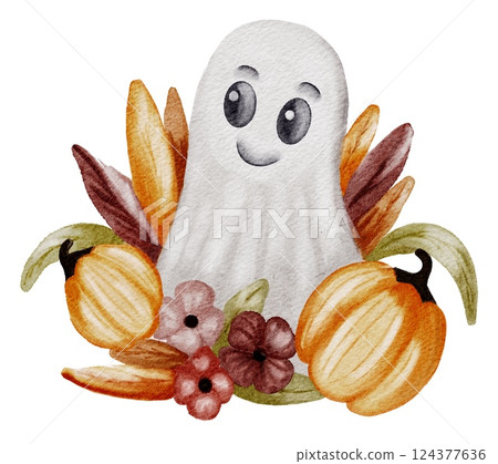 Bright and cheerful Halloween spirit with pumpkins and flowers in a whimsical watercolor design Bright and cheerful Halloween spirit with pumpkins and flowers in a whimsical watercolor design 124377636