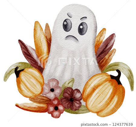 Unique watercolor Halloween design featuring a bat and a spirit surrounded by seasonal elements 124377639