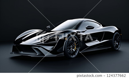 Black supercar shining in a dark studio setting 124377662