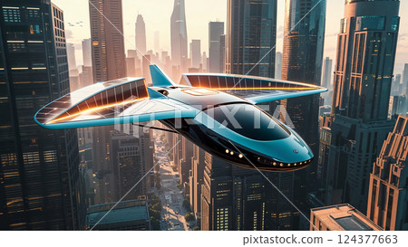 Futuristic solar powered flying car soaring over metropolis at sunset Futuristic solar powered flying car soaring over metropolis at sunset 124377663