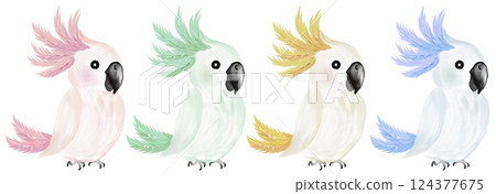 Colorful watercolor parrots with vibrant feathers in a seamless fabric design 124377675