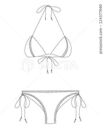 Simple line drawing of a bikini set with ties in minimalist style on a white background Simple line drawing of a bikini set with ties in minimalist style on a white background 124377690