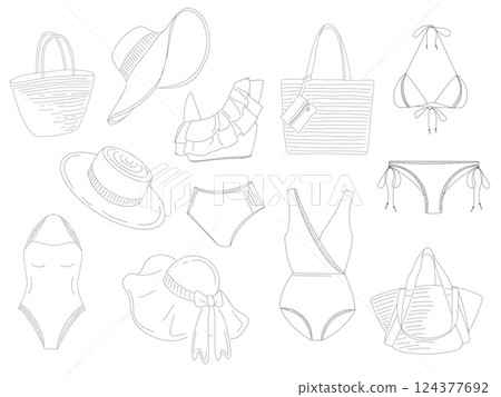 Fashionable swimsuit and accessory design sketches on a white background for summer collection 124377692