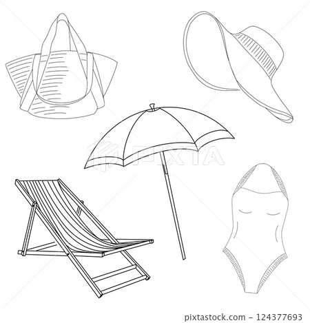 Chic summer accessories: beach bag, hat, umbrella, chair, and swimsuit on white background 124377693