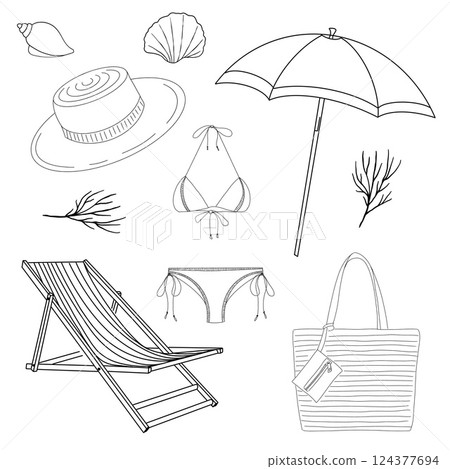 Summer beach essentials featuring a hat, bikini, umbrella, and lounge chair design 124377694