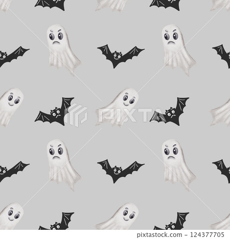 Charming Halloween bat and ghost pattern perfect for festive fabric and wrapping designs 124377705