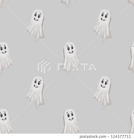 Cute smiling ghost pattern for Halloween decorations and crafts in cheerful colors 124377712
