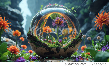 Glass terrarium protecting vibrant flowers in lush landscape 124377754