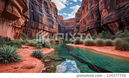 Turquoise water flowing between red sandstone cliffs in canyon 124377756