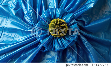 Blue bow holding a flower shaped decoration on shiny fabric 124377764