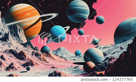 Colorful planets orbiting over surreal pink landscape 124377765