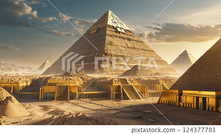 Majestic pyramids rising from the desert sands at golden hour 124377781