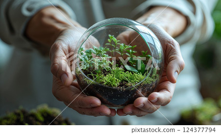Gardener holding glass terrarium with small plants 124377794
