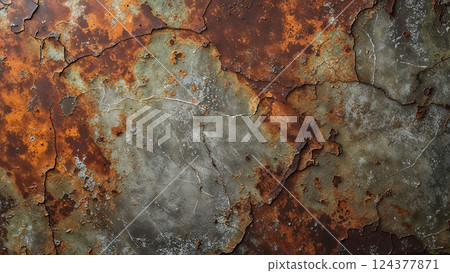 Rusty metal surface showing corrosion and decaying paint 124377871