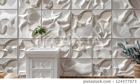 Modern bathroom sink with decorative 3d wall tiles showing innovative interior design 124377873
