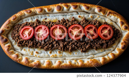 Delicious oval flatbread topped with ground meat and sliced tomatoes Delicious oval flatbread topped with ground meat and sliced tomatoes 124377904