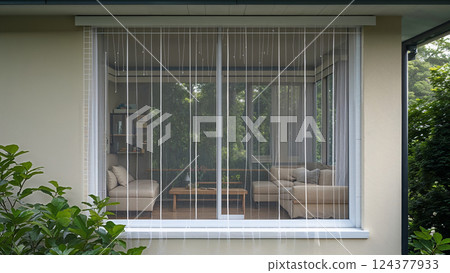 Modern string curtains protecting a terrace from insects Modern string curtains protecting a terrace from insects 124377933