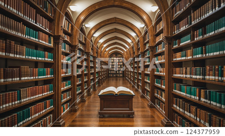 Open book displayed on lectern in the middle of a corridor with bookshelves and wooden arches Open book displayed on lectern in the middle of a corridor with bookshelves and wooden arches 124377959