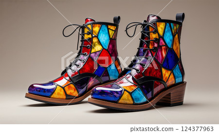 Colorful stained glass boots showing artistic design and fashion 124377963
